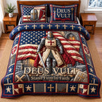 Deus Vult Faith quilted 3-piece bedding set on a made bed in a softly lit bedroom