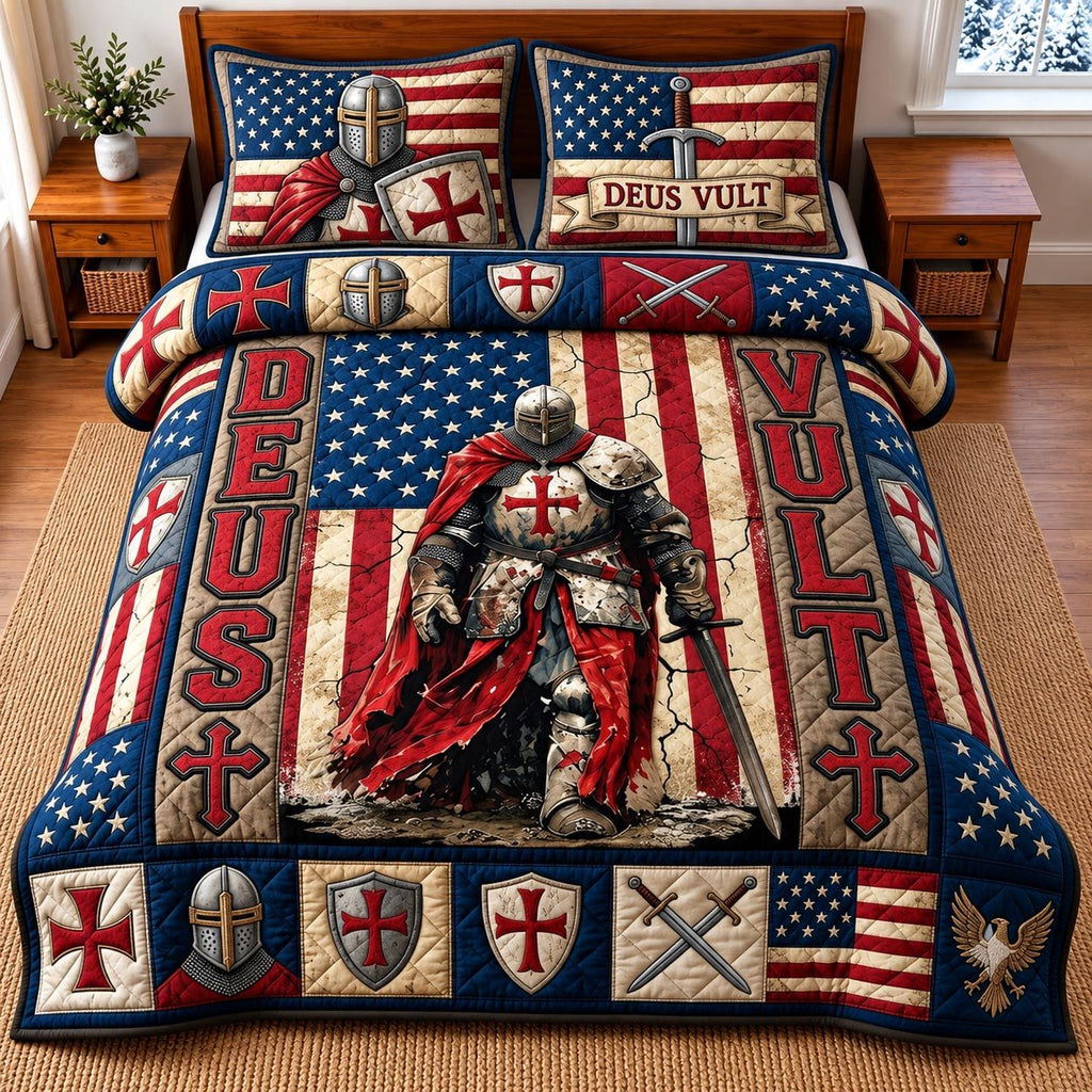 Deus Vult quilted 3-piece bedding set on a made bed with two matching pillow shams