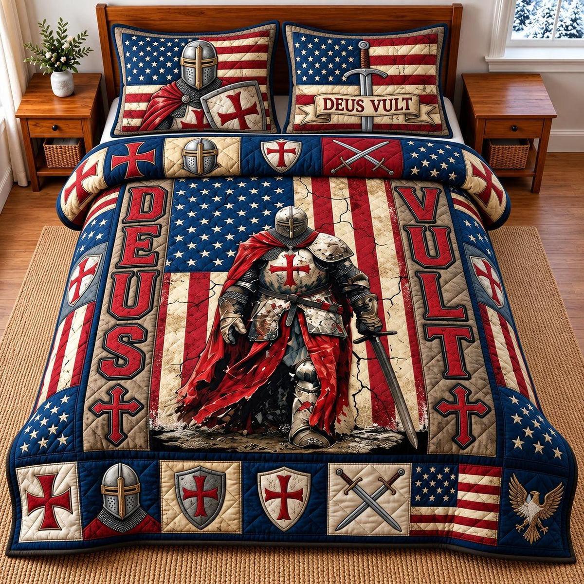 Deus Vult quilted 3-piece bedding set on a made bed with two matching pillow shams