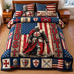 Deus Vult quilted 3-piece bedding set on a made bed with two matching pillow shams