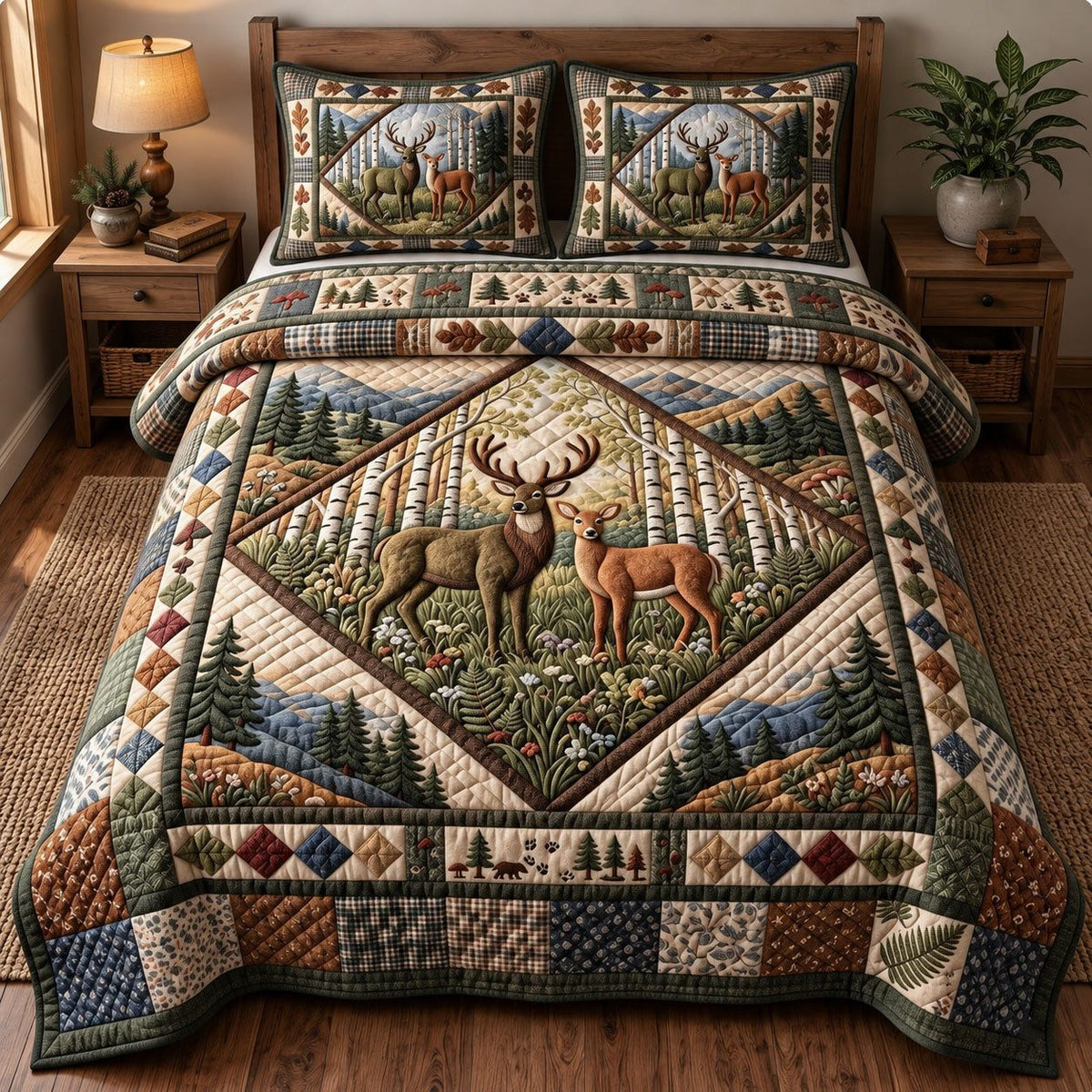 Diamond Doe Buck Forest quilted 3-piece bedding set on a made bed with two matching pillow shams