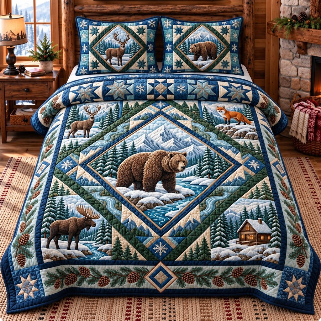 Diamond River Patchwork quilted 3-piece bedding set on a made bed in a farmhouse bedroom