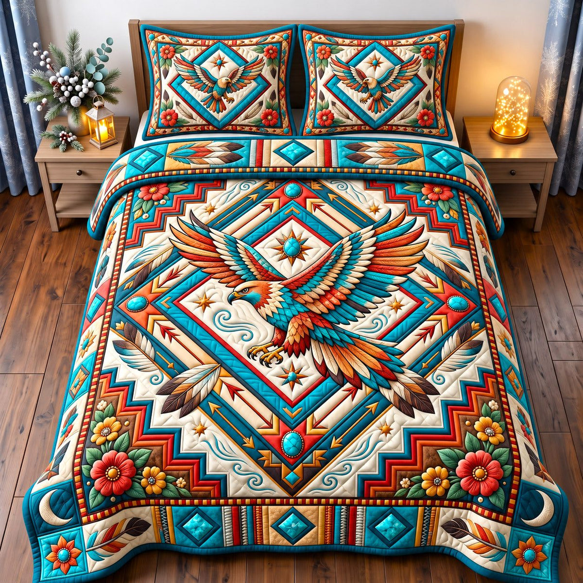 Diamond Thunderbird Sacred Bird quilted 3-piece bedding set on a made bed in a softly lit bedroom