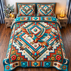 Diamond Thunderbird Sacred Bird quilted 3-piece bedding set on a made bed in a softly lit bedroom