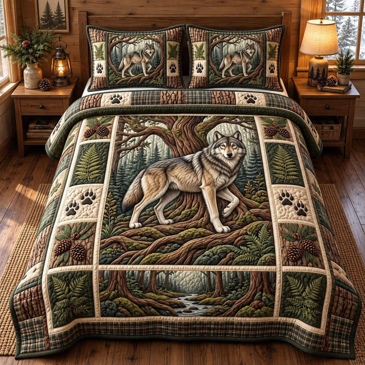 Diamond Wolf Mountain Rustic quilted 3-piece bedding set on a made bed in a farmhouse bedroom