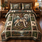 Diamond Wolf Mountain Rustic quilted 3-piece bedding set on a made bed in a farmhouse bedroom