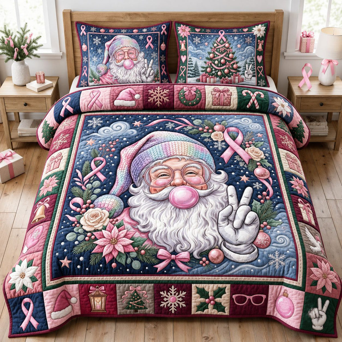 Disco Santa Christmas 3-Piece Quilted Bedding Set GFTOPND1696 quilted 3-piece bedding set on a made bed in a winter-styled bedroom