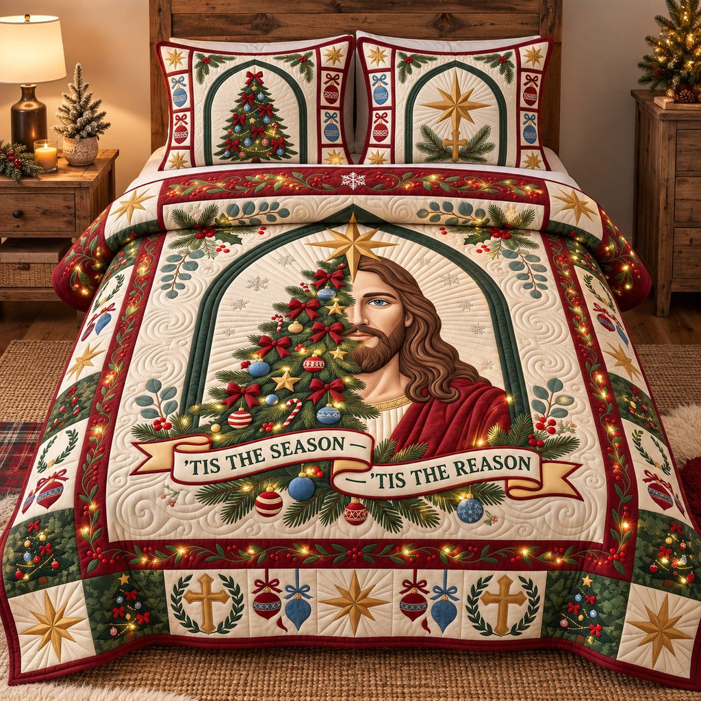 Divine Jesus Tree quilted 3-piece bedding set on a made bed in a softly lit bedroom