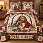 Divine Jesus Tree quilted 3-piece bedding set on a made bed in a softly lit bedroom