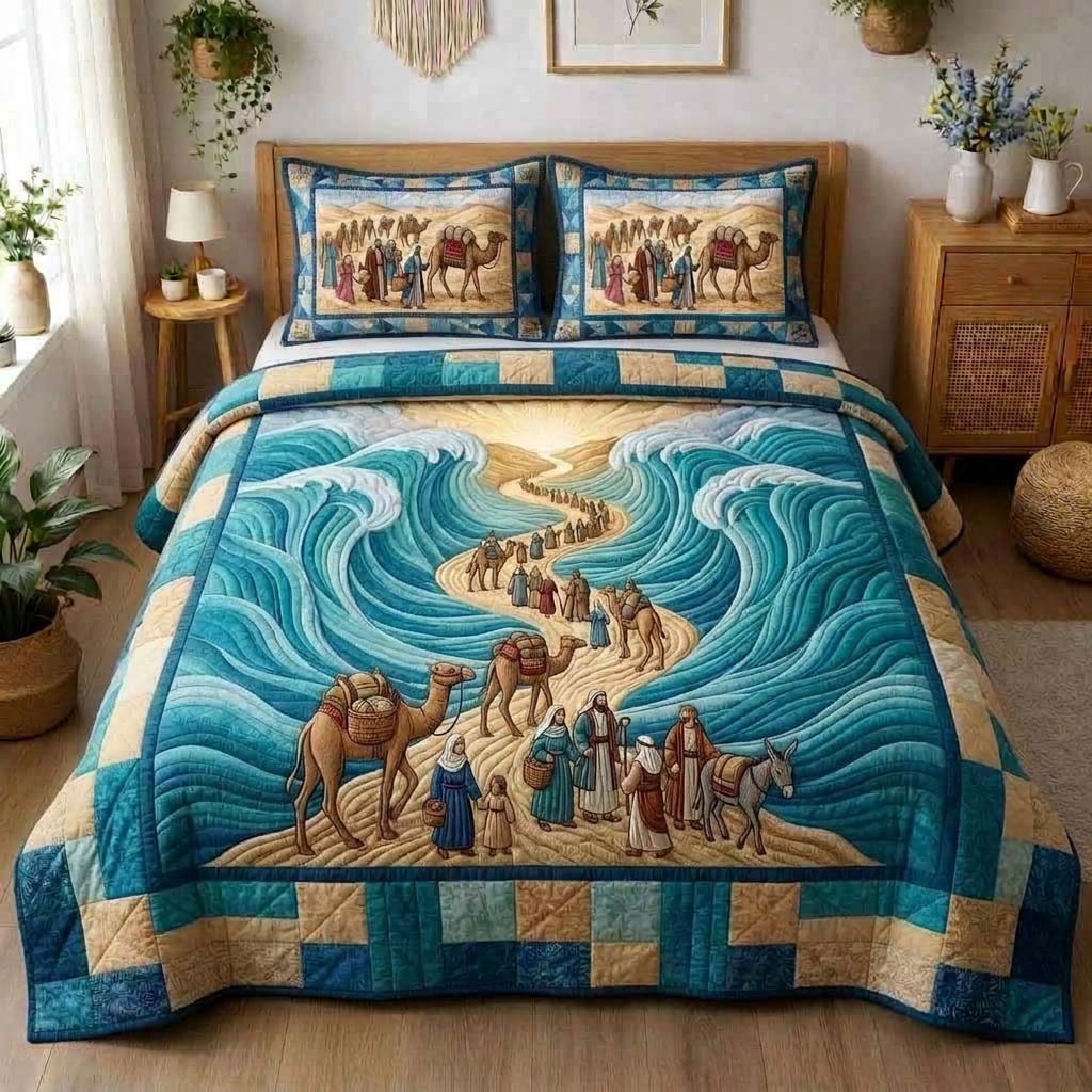 Divine Passage Path 3-Piece Quilted Bedding Set GFTOHD14410 quilted 3-piece bedding set on a made bed in a softly lit bedroom