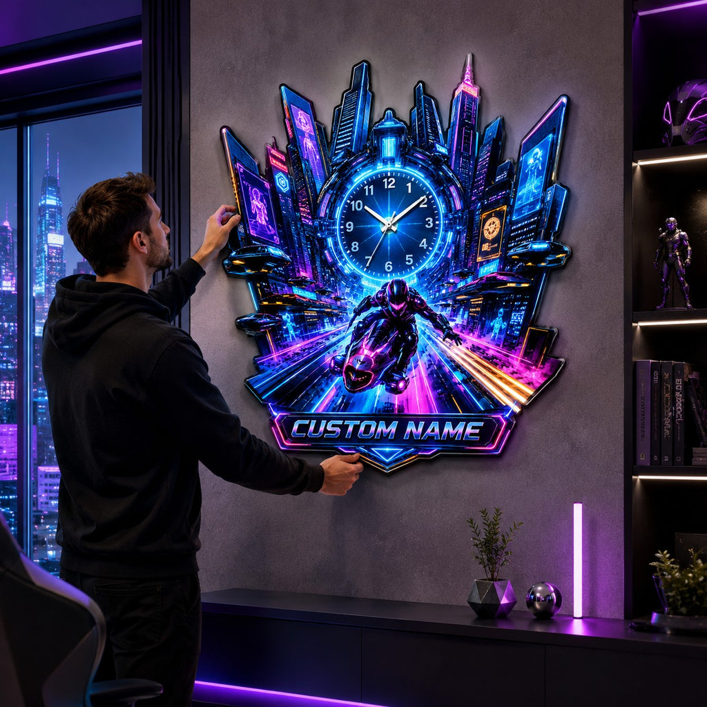 Cyberpunk motorcycle Custom Name Wall Clock — personalized with a custom name