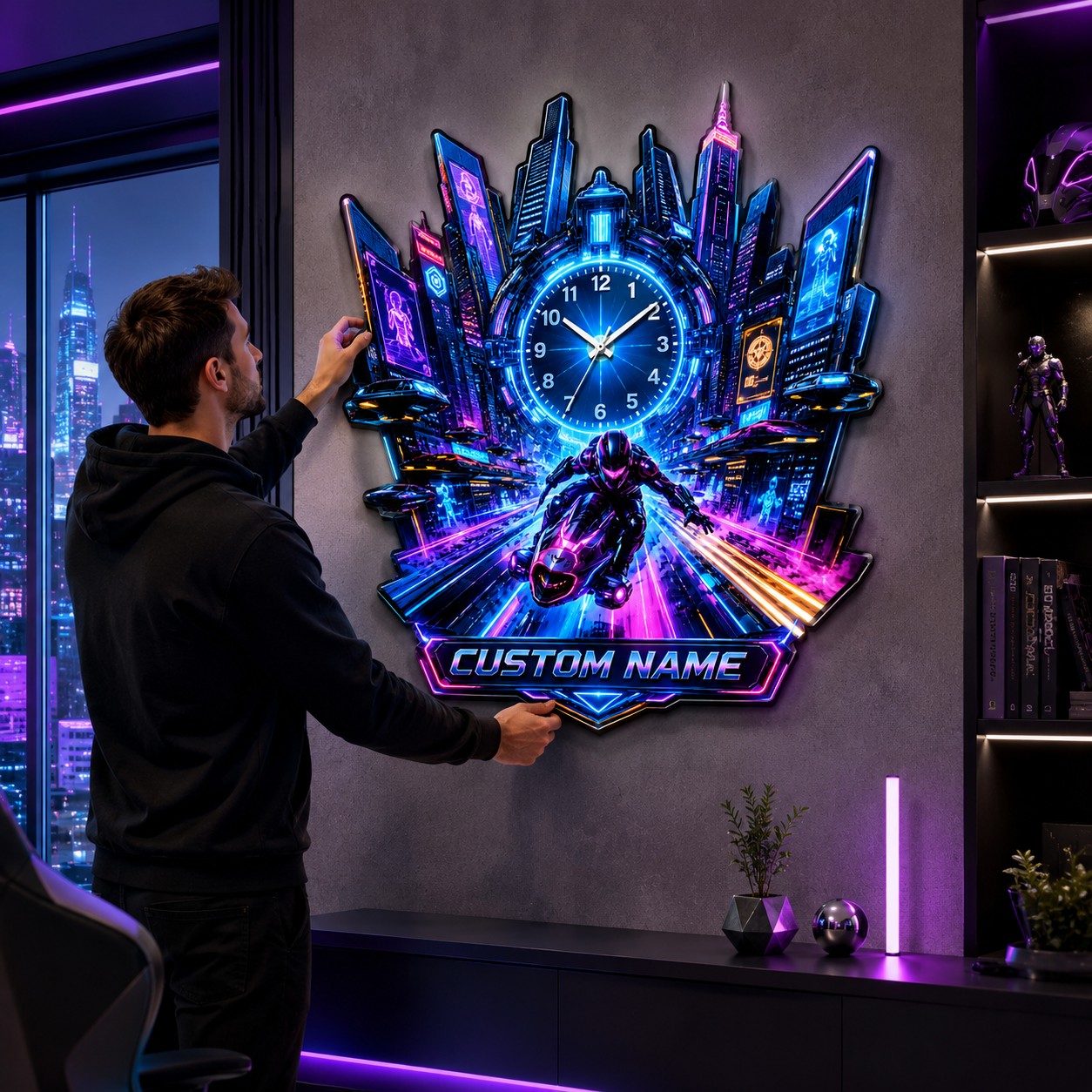 Cyberpunk motorcycle Custom Name Wall Clock — personalized with a custom name