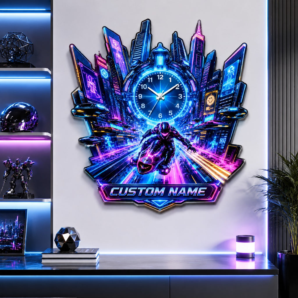 Cyberpunk motorcycle Custom Name Wall Clock — personalized with a custom name