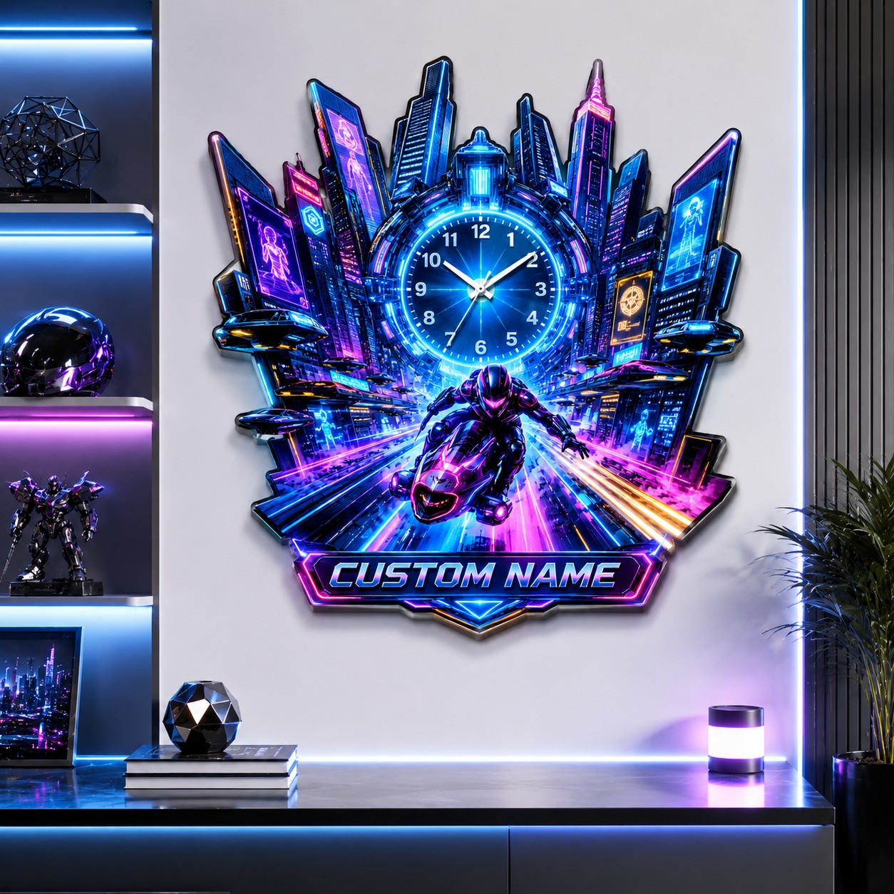 Cyberpunk motorcycle Custom Name Wall Clock — personalized with a custom name
