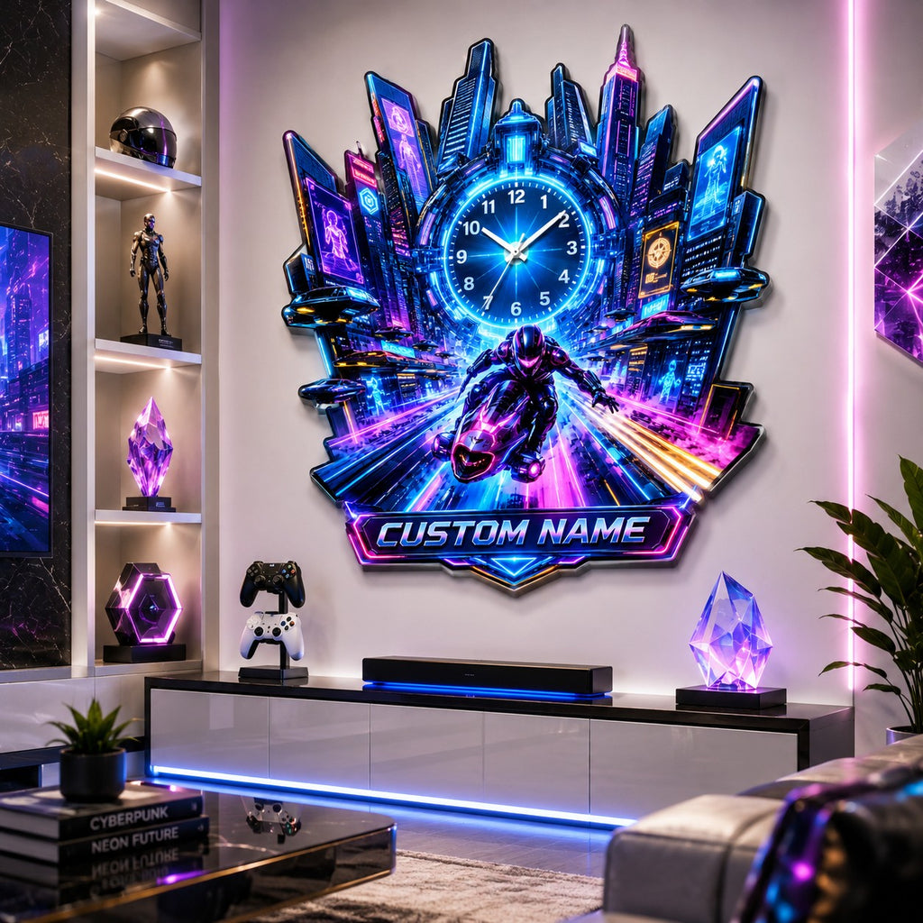 Cyberpunk motorcycle Custom Name Wall Clock — personalized with a custom name
