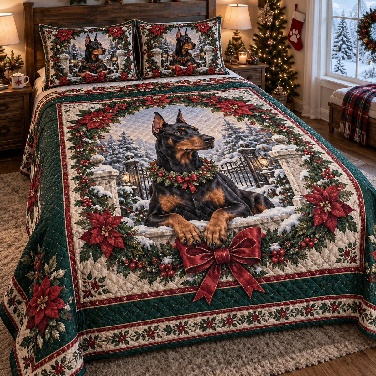 Doberman Christmas 3-Piece Quilted Bedding Set — digital product visualization