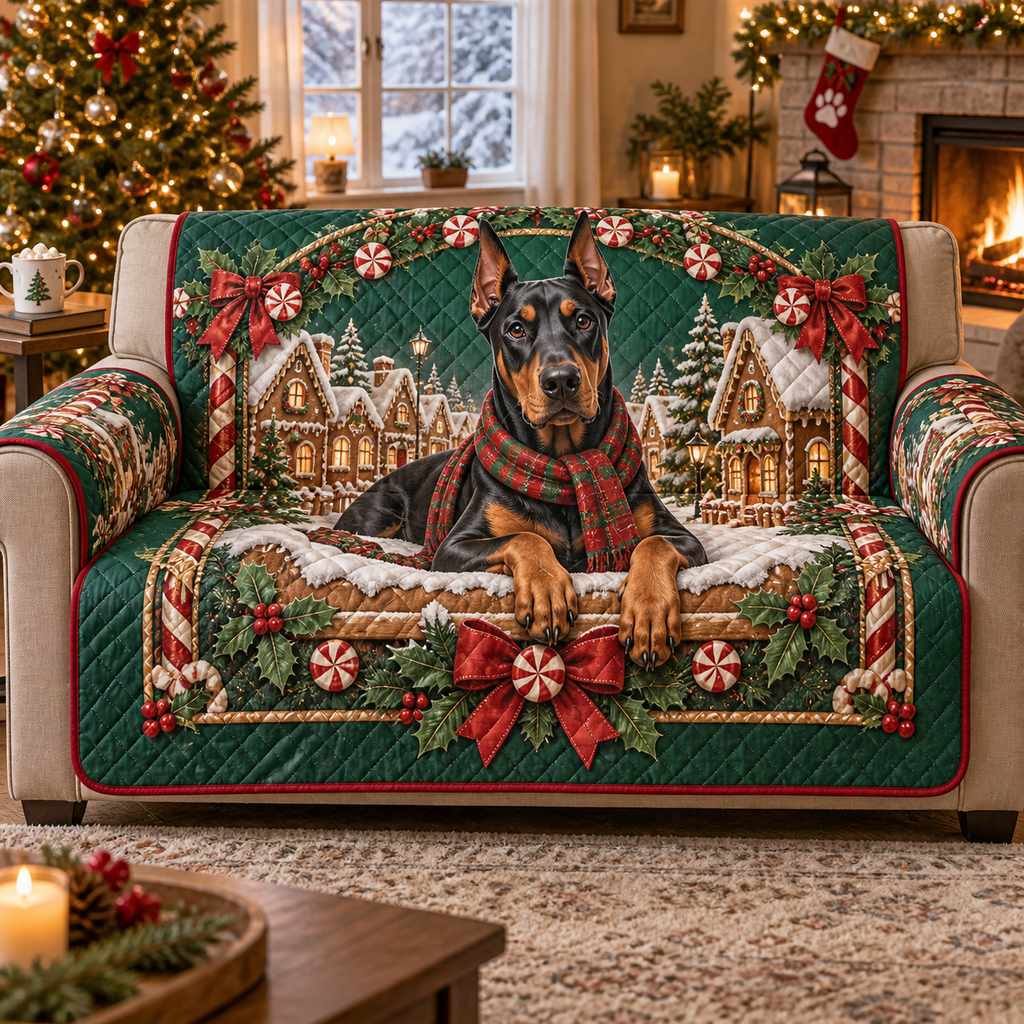 Doberman Christmas Quilted Sofa Cover — digital product visualization