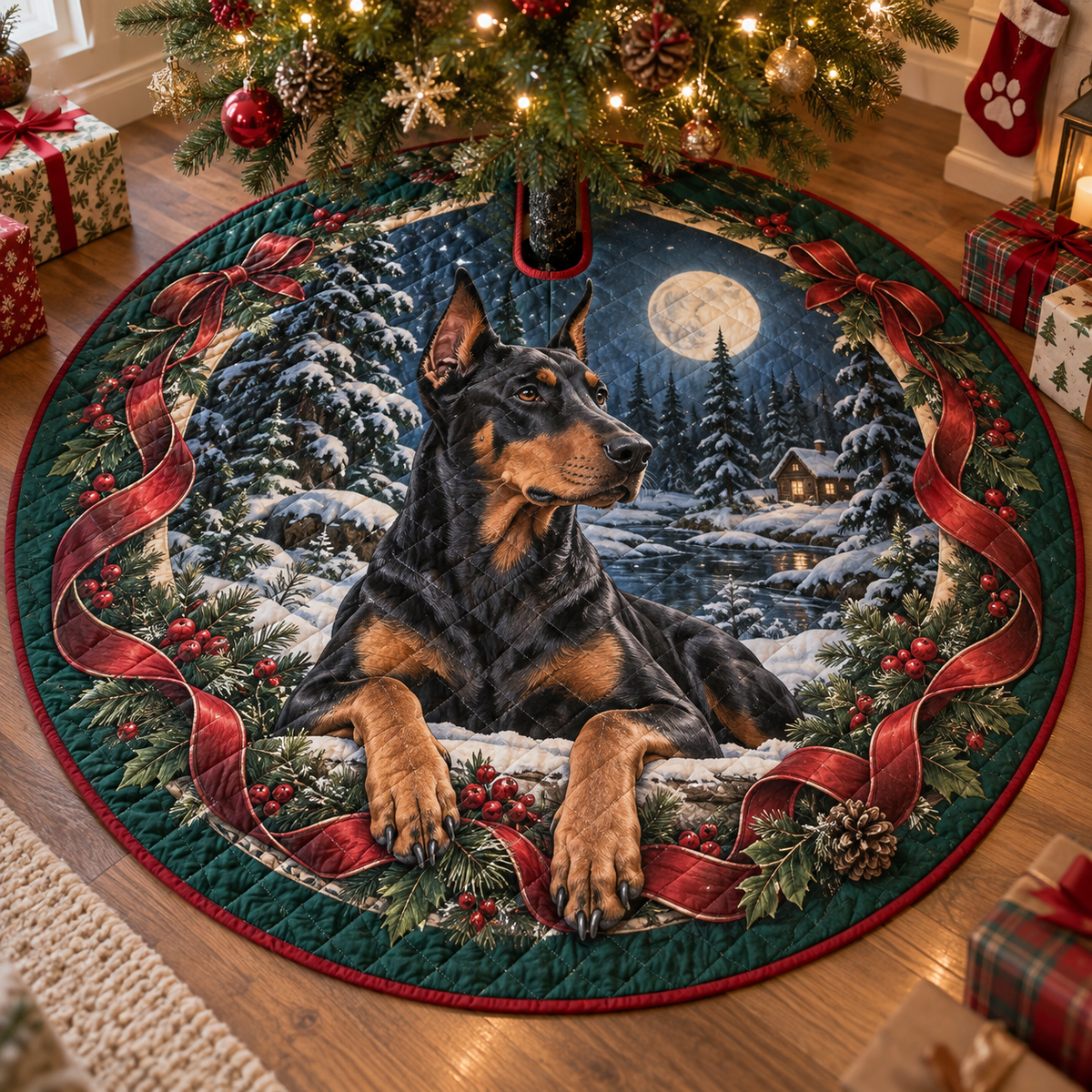 Doberman Quilted Christmas Tree Skirt — digital product visualization
