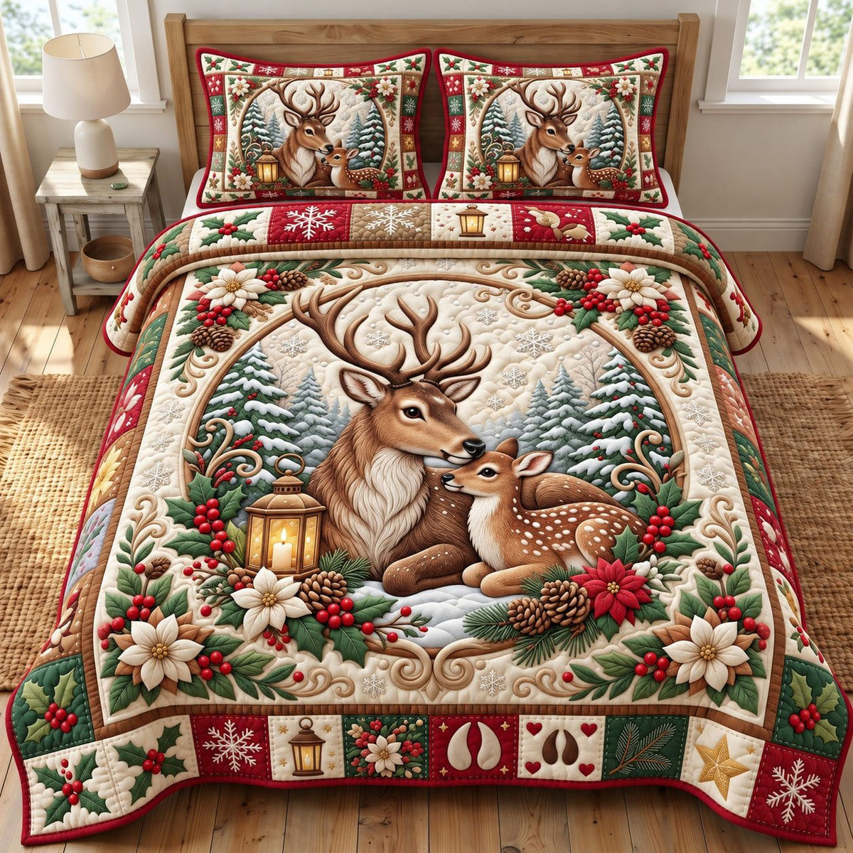 Doe And Fawn Lantern Reindeer quilted 3-piece bedding set on a made bed in a winter-styled bedroom