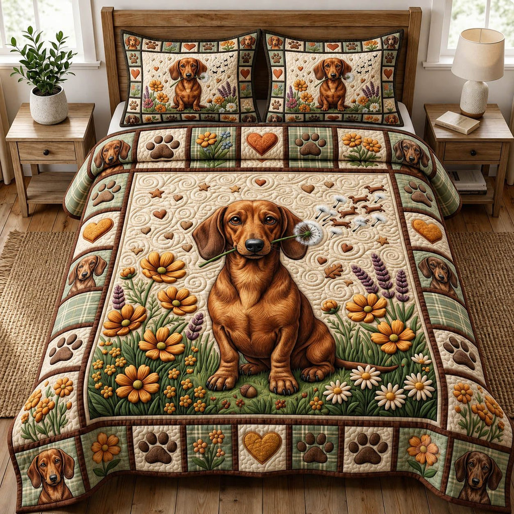 Dog Lover Dachshund Garden quilted 3-piece bedding set on a made bed with two matching pillow shams