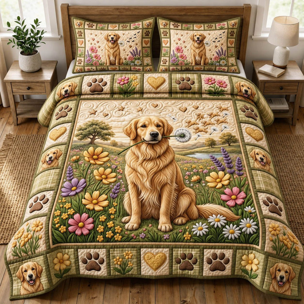 Dog Lover Golden Garden quilted 3-piece bedding set on a made bed with two matching pillow shams