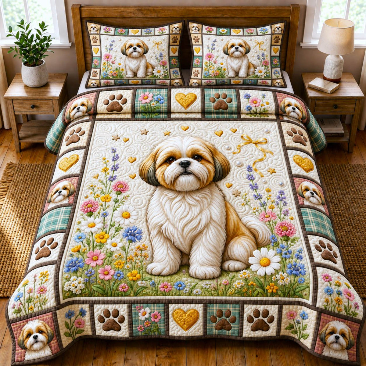 Dog Lover Shih Tzu Garden quilted 3-piece bedding set on a made bed with two matching pillow shams