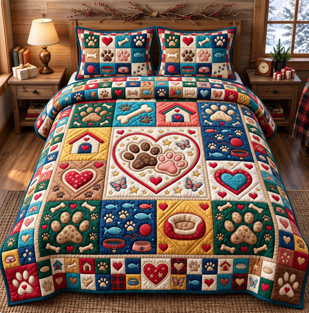 Doghouse Heart Paw Squares quilted 3-piece bedding set on a made bed with two matching pillow shams