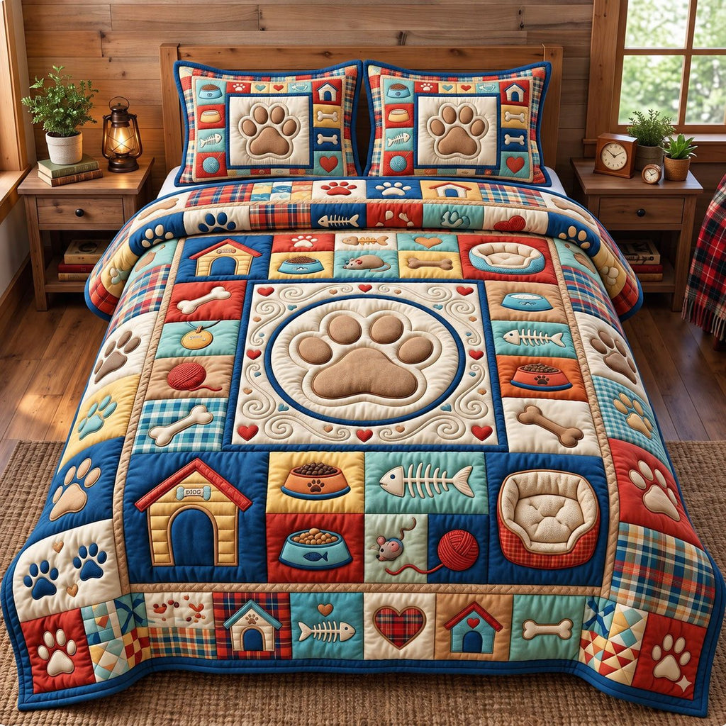 Doghouse Paw Print Patchwork quilted 3-piece bedding set on a made bed in a farmhouse bedroom