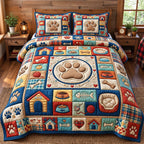Doghouse Paw Print Patchwork quilted 3-piece bedding set on a made bed in a farmhouse bedroom