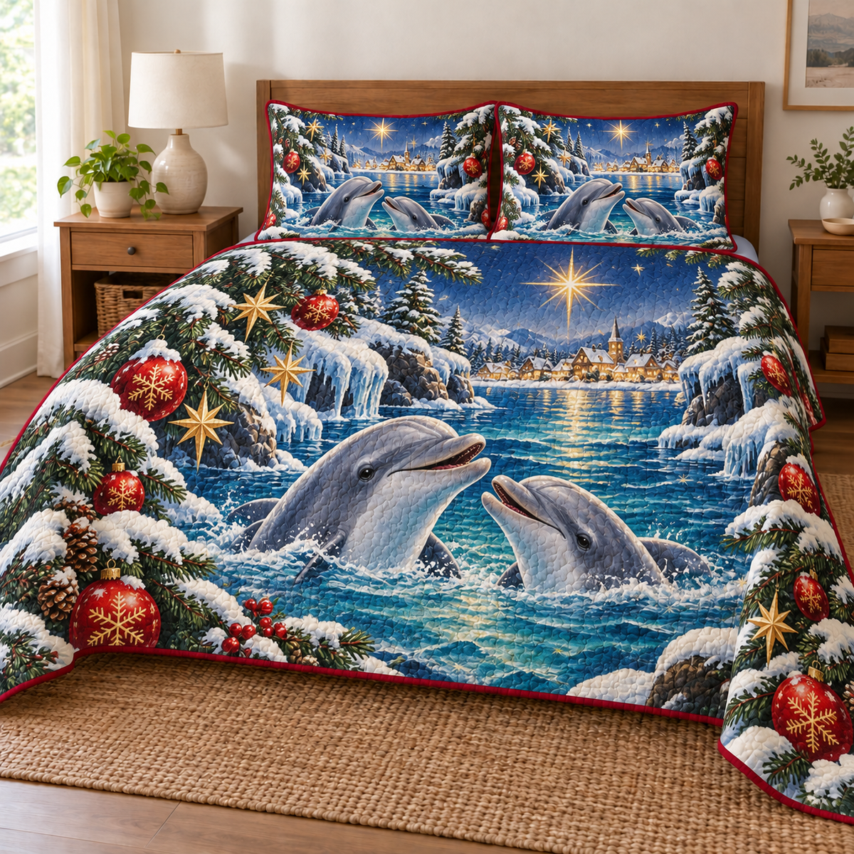 Dolphin Star Cove printed Christmas quilt and two matching pillow shams; design mockup showing a flat printed depth effect.