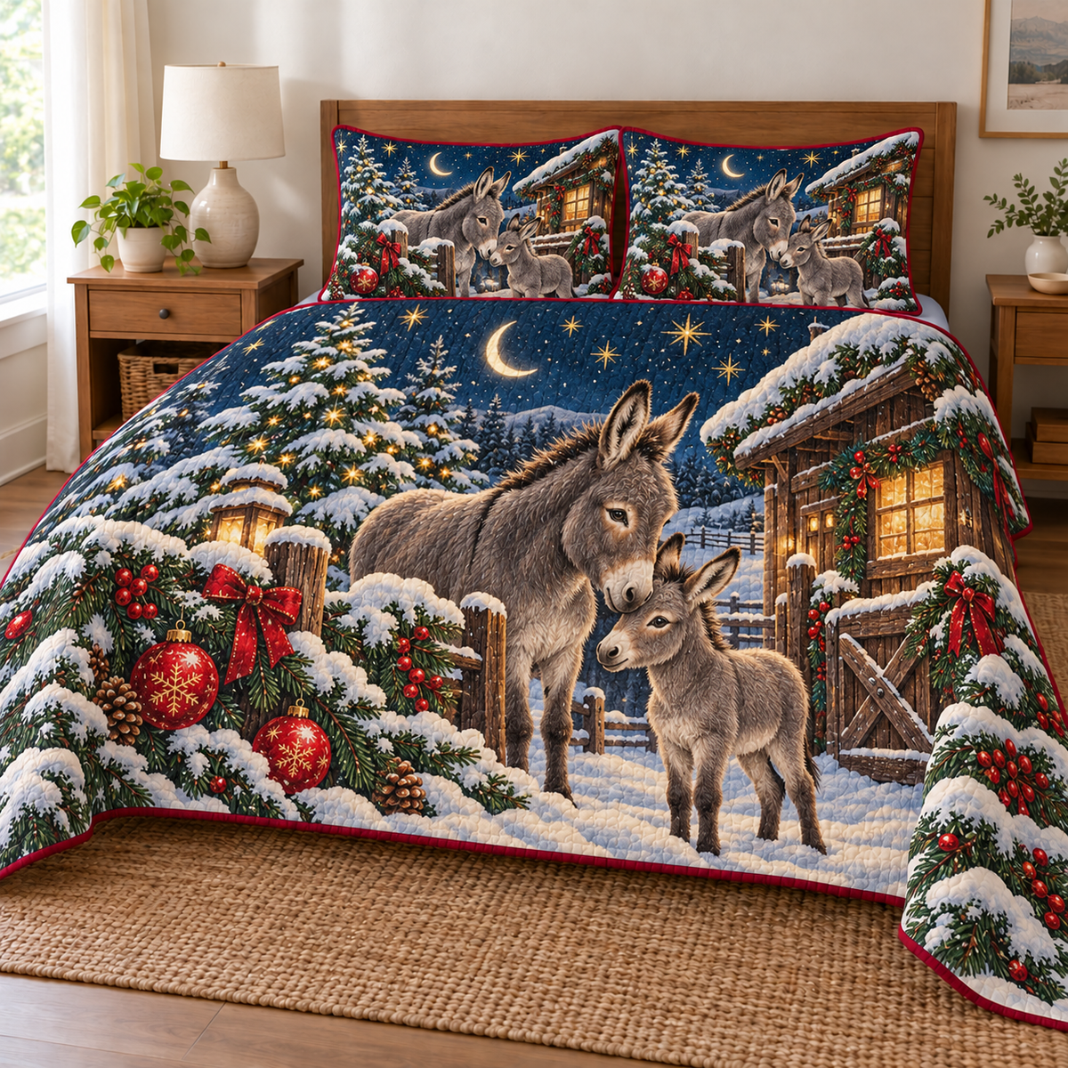 Donkey Moon Stable printed Christmas quilt and two matching pillow shams; design mockup showing a flat printed depth effect.