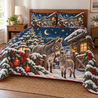 Donkey Moon Stable printed Christmas quilt and two matching pillow shams; design mockup showing a flat printed depth effect.