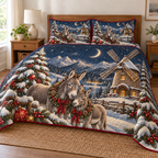 Donkey Moon Windmill printed Christmas quilt and two matching pillow shams; design mockup showing a flat printed depth effect.