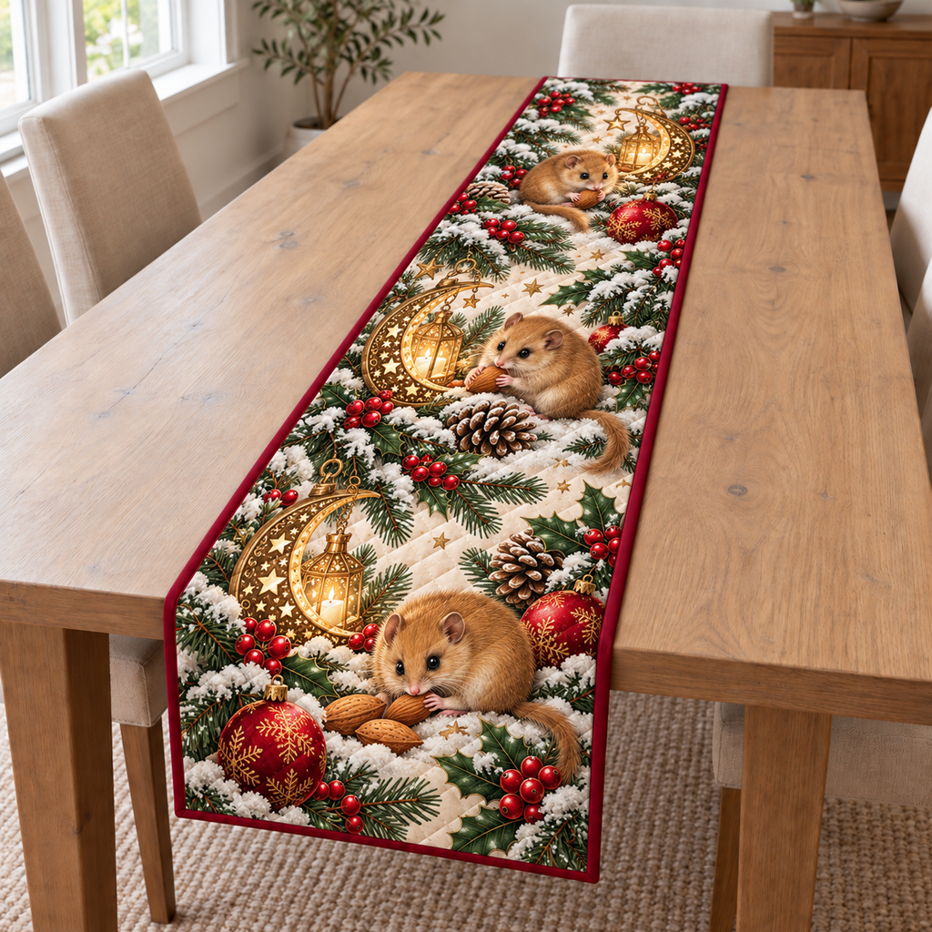 Dormouse Almond Moon Lantern printed Christmas quilted table runner; design mockup showing a flat printed depth effect.