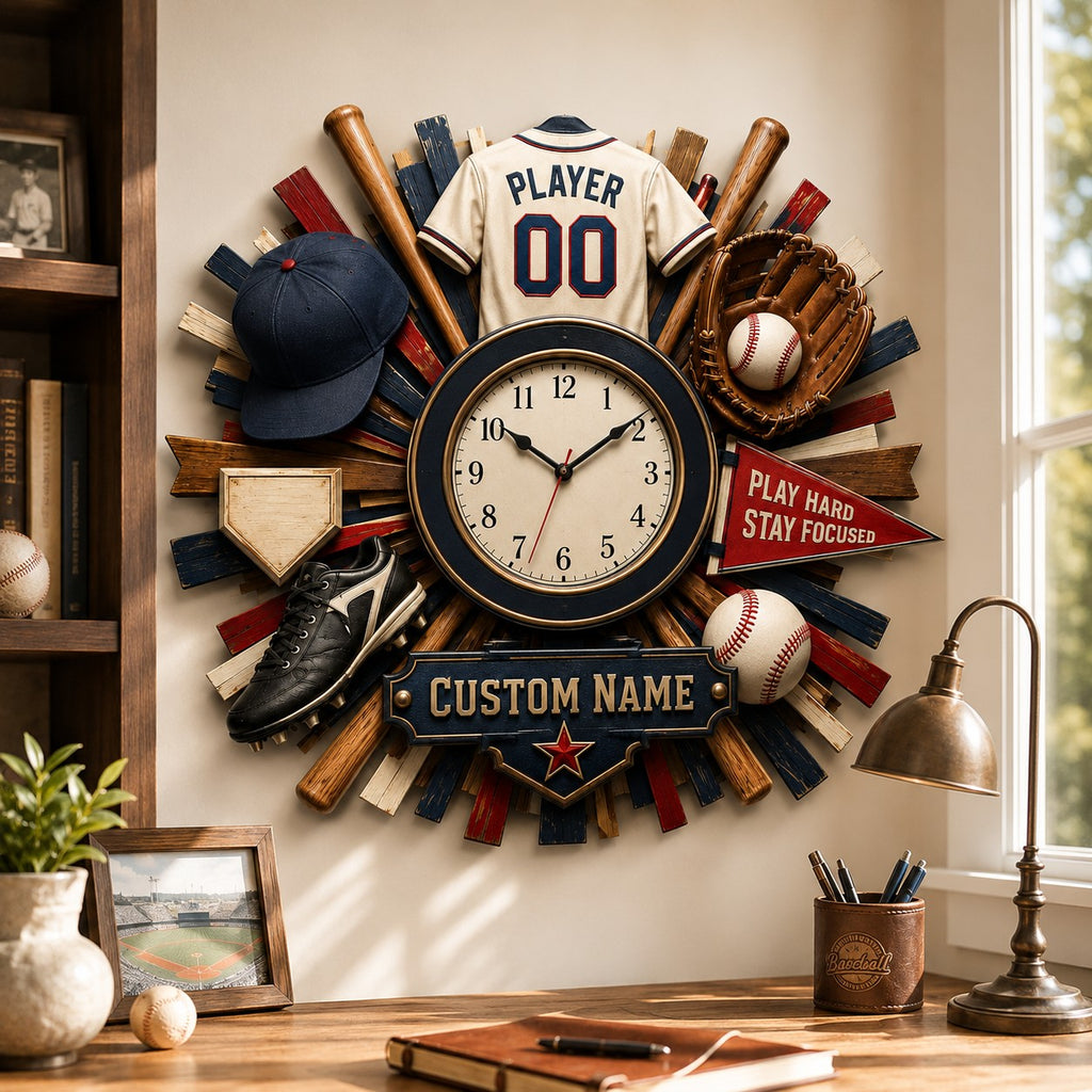Vintage sports Custom Name Wall Clock — personalized with a custom name