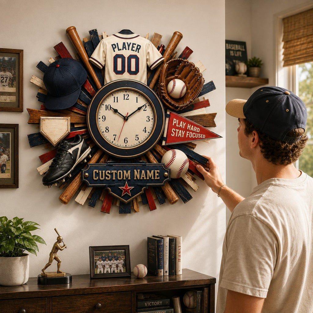 Vintage sports Custom Name Wall Clock — personalized with a custom name