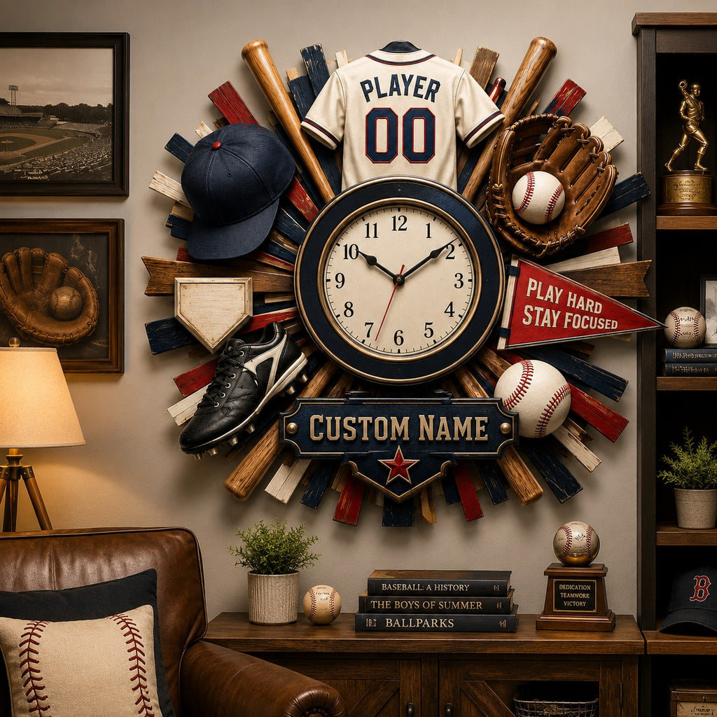 Vintage sports Custom Name Wall Clock — personalized with a custom name