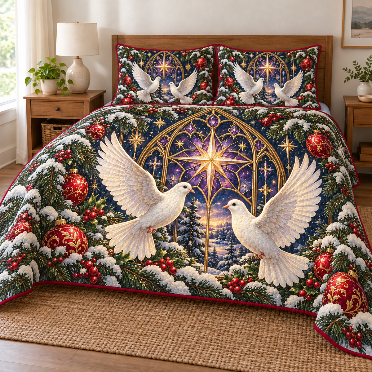 Dove Amethyst Starlight Window printed Christmas quilt and two matching pillow shams; design mockup showing a flat printed depth effect.