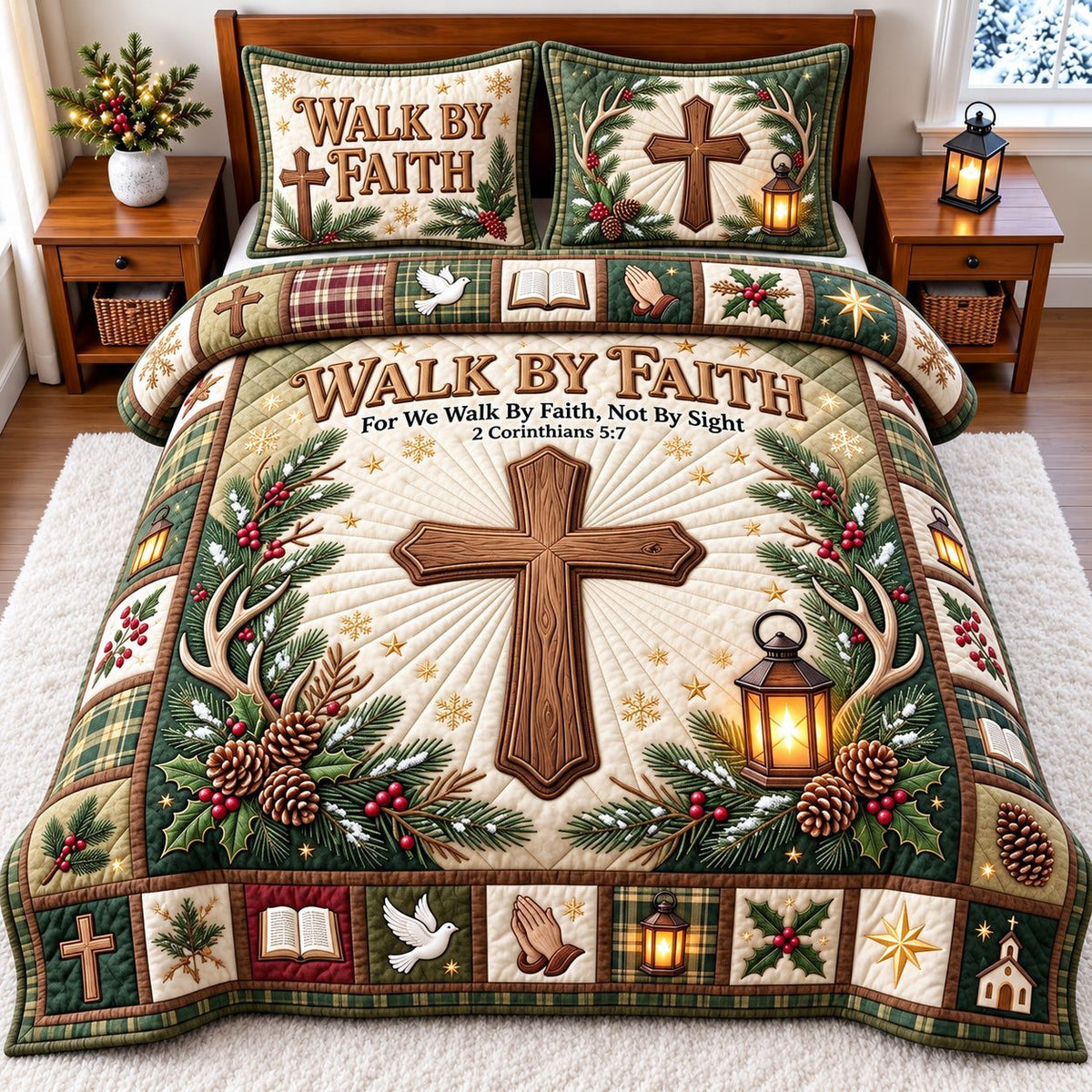 Dove Antler Walk By Faith quilted 3-piece bedding set on a made bed in a softly lit bedroom