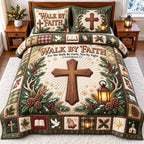 Dove Antler Walk By Faith quilted 3-piece bedding set on a made bed in a softly lit bedroom