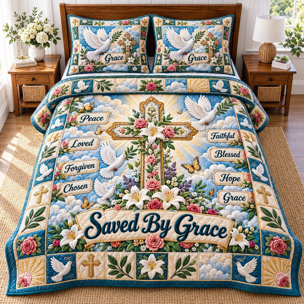 Dove Cross Saved By Grace quilted 3-piece bedding set on a made bed in a softly lit bedroom