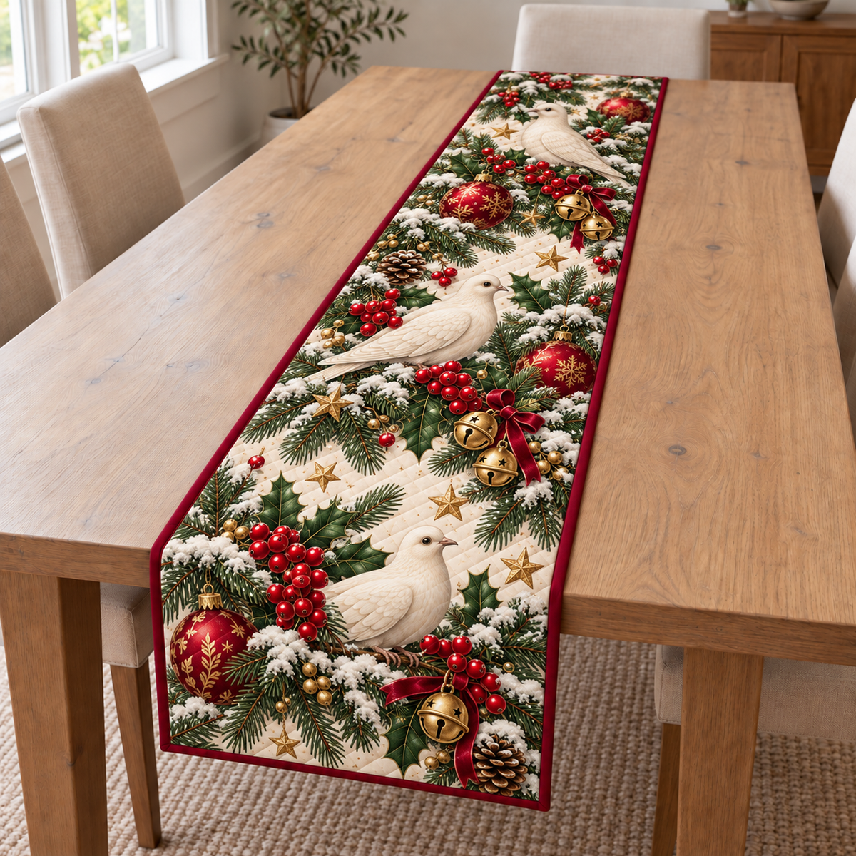 Dove Currant Golden Bell printed Christmas quilted table runner; design mockup showing a flat printed depth effect.