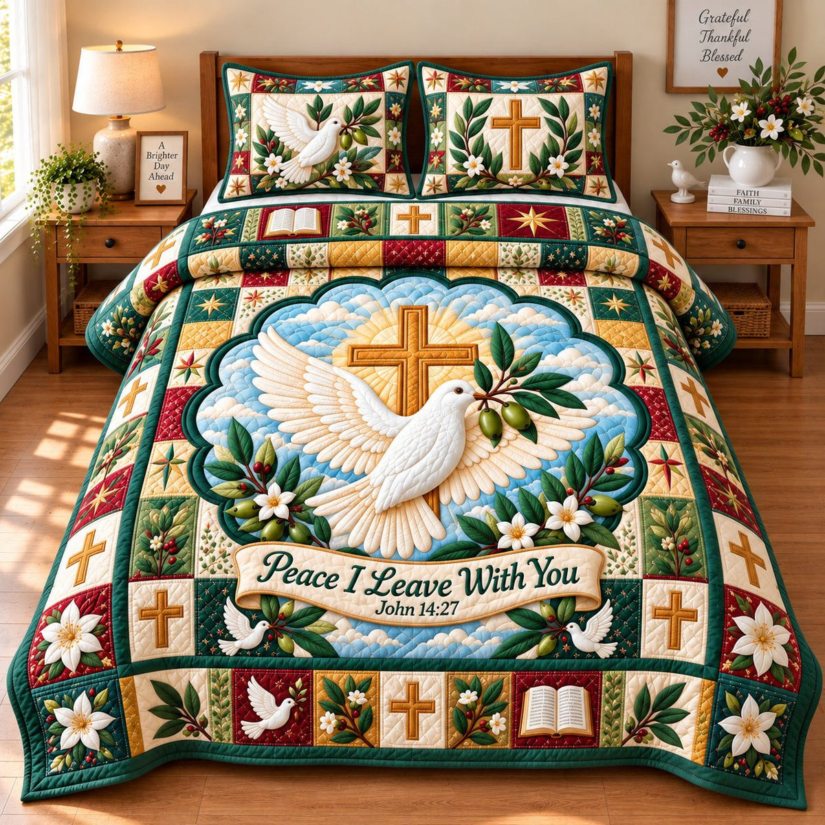 Dove Of Peace quilted 3-piece bedding set on a made bed with two matching pillow shams
