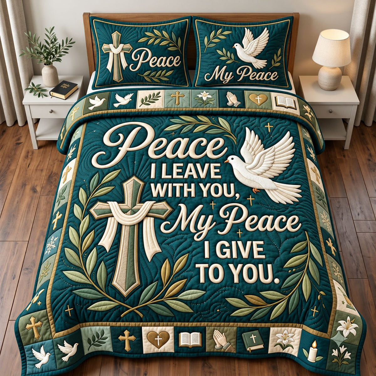 Dove Peace quilted 3-piece bedding set on a made bed with two matching pillow shams