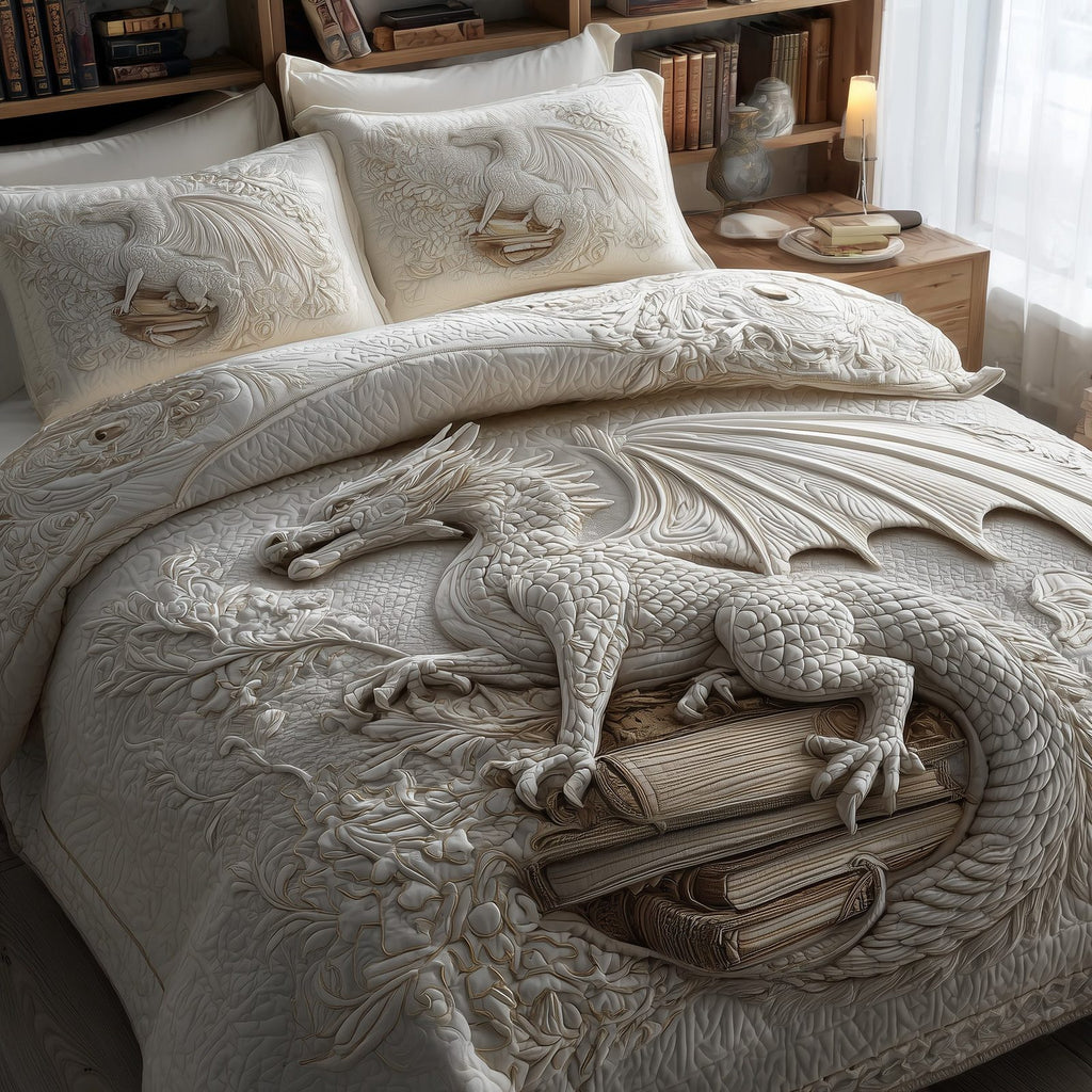 Dragon 3-Piece Quilted Bedding Set GFTOMA2128 quilted 3-piece bedding set on a made bed with two matching pillow shams