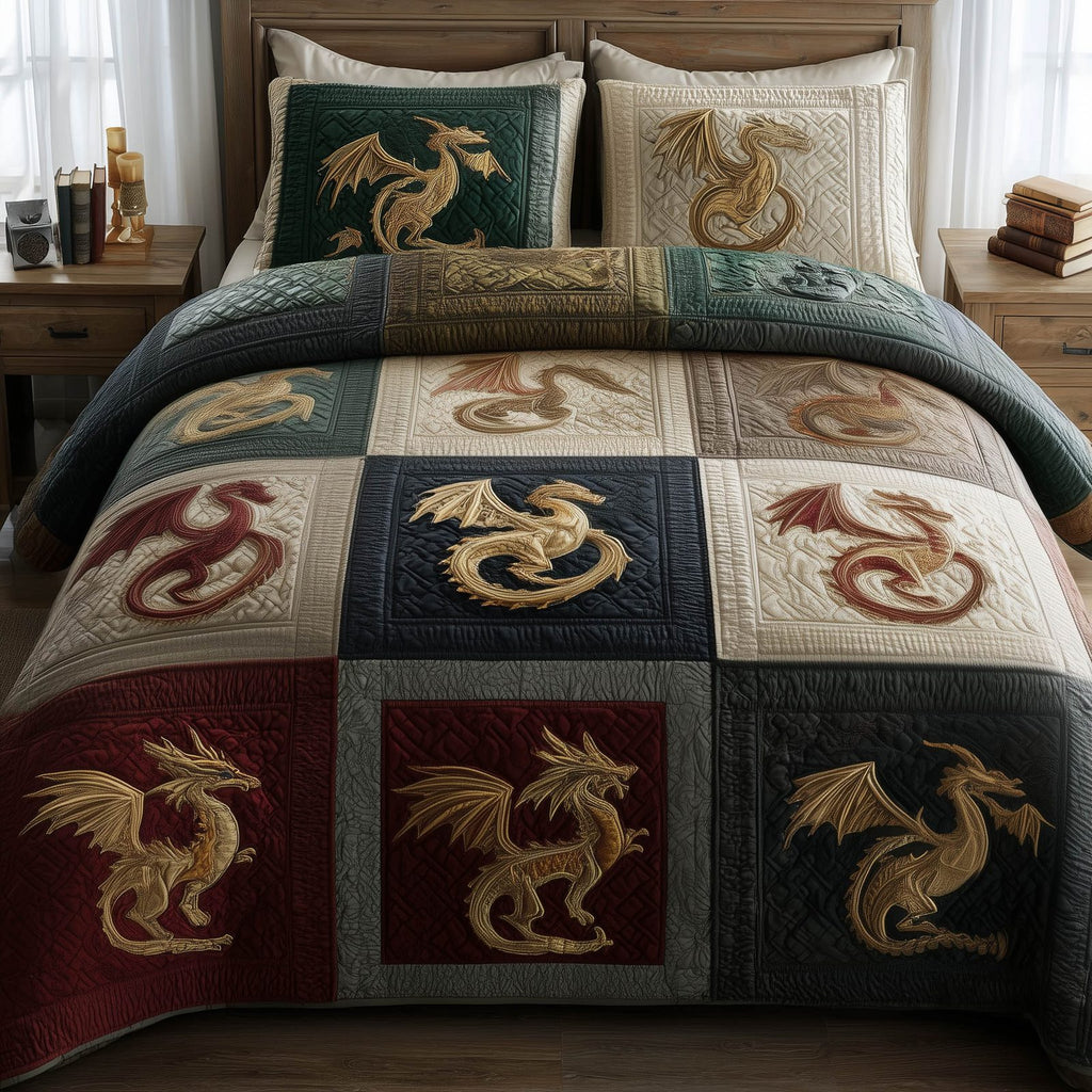 Dragon 3-Piece Quilted Bedding Set GFTOMA8201 quilted 3-piece bedding set on a made bed with two matching pillow shams