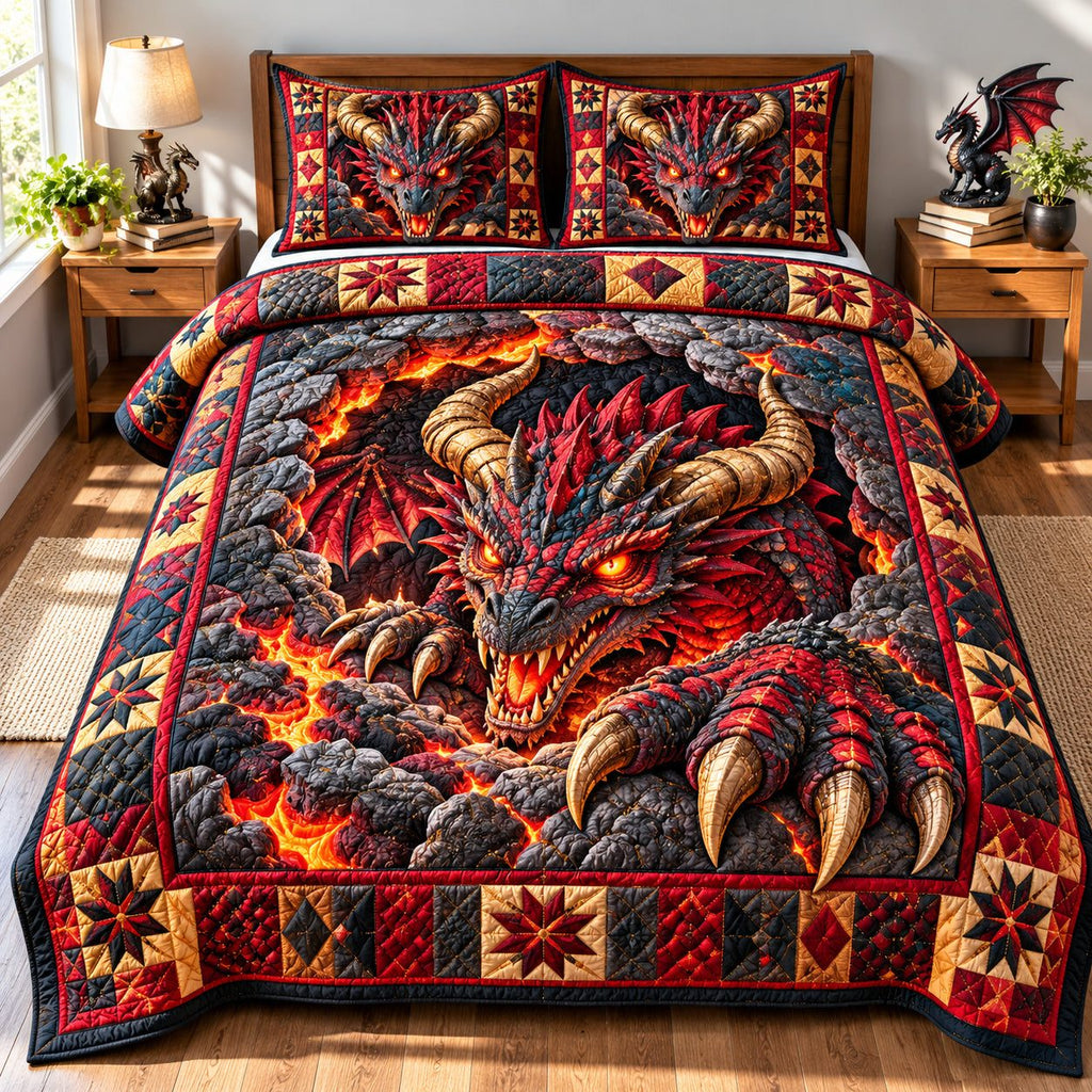 Dragon Ancient Legends quilted 3-piece bedding set on a made bed with two matching pillow shams