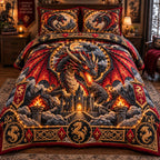 Dragon Castle Inferno quilted 3-piece bedding set on a made bed with two matching pillow shams