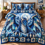 Dragon Crystal Cavern quilted 3-piece bedding set on a made bed with two matching pillow shams