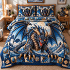 Dragon Enchanted World quilted 3-piece bedding set on a made bed with two matching pillow shams
